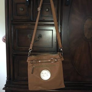 Tan genuine leather MK cross body bag